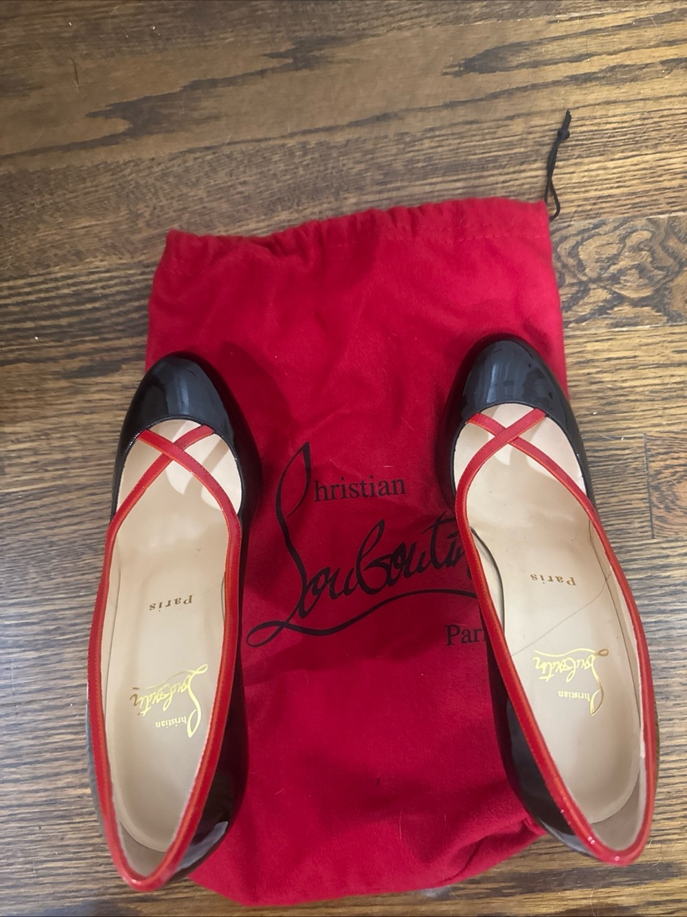 Christian Louboutin/Red and Black Patent Leather Heels/4” heel/NEVER WORN!